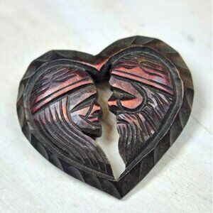 Vtg Hokkaido Wood Carved Heart brooch Artist signed Rare Jewelry dated 1965